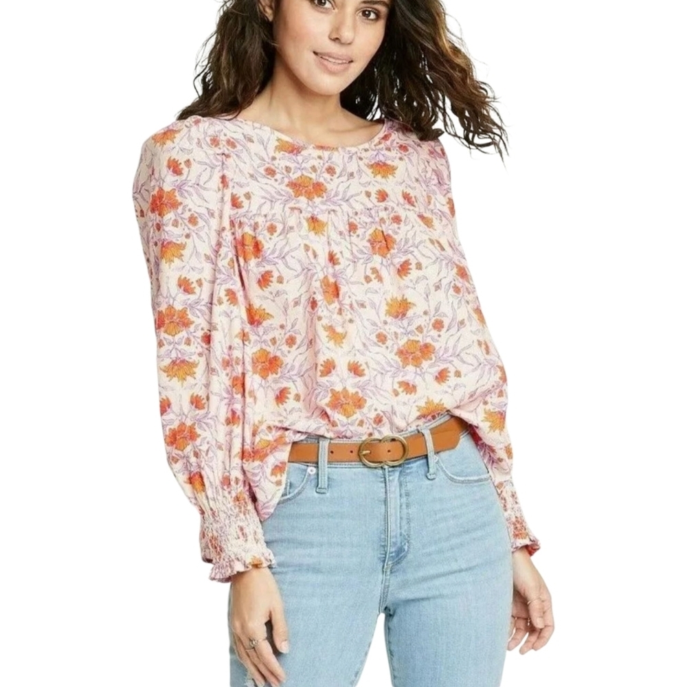 Universal Thread Womens Floral Print Peasant Blouse Size XS Smock Balloon Sleeve